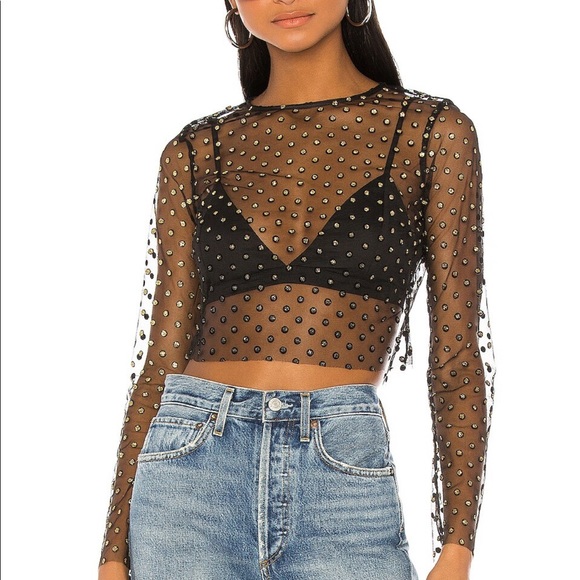 ✨H:ours Mesmerize Top Sheer Mesh Polka dot Black Gold Long Sleeve Blouse Revolve - Picture 2 of 6